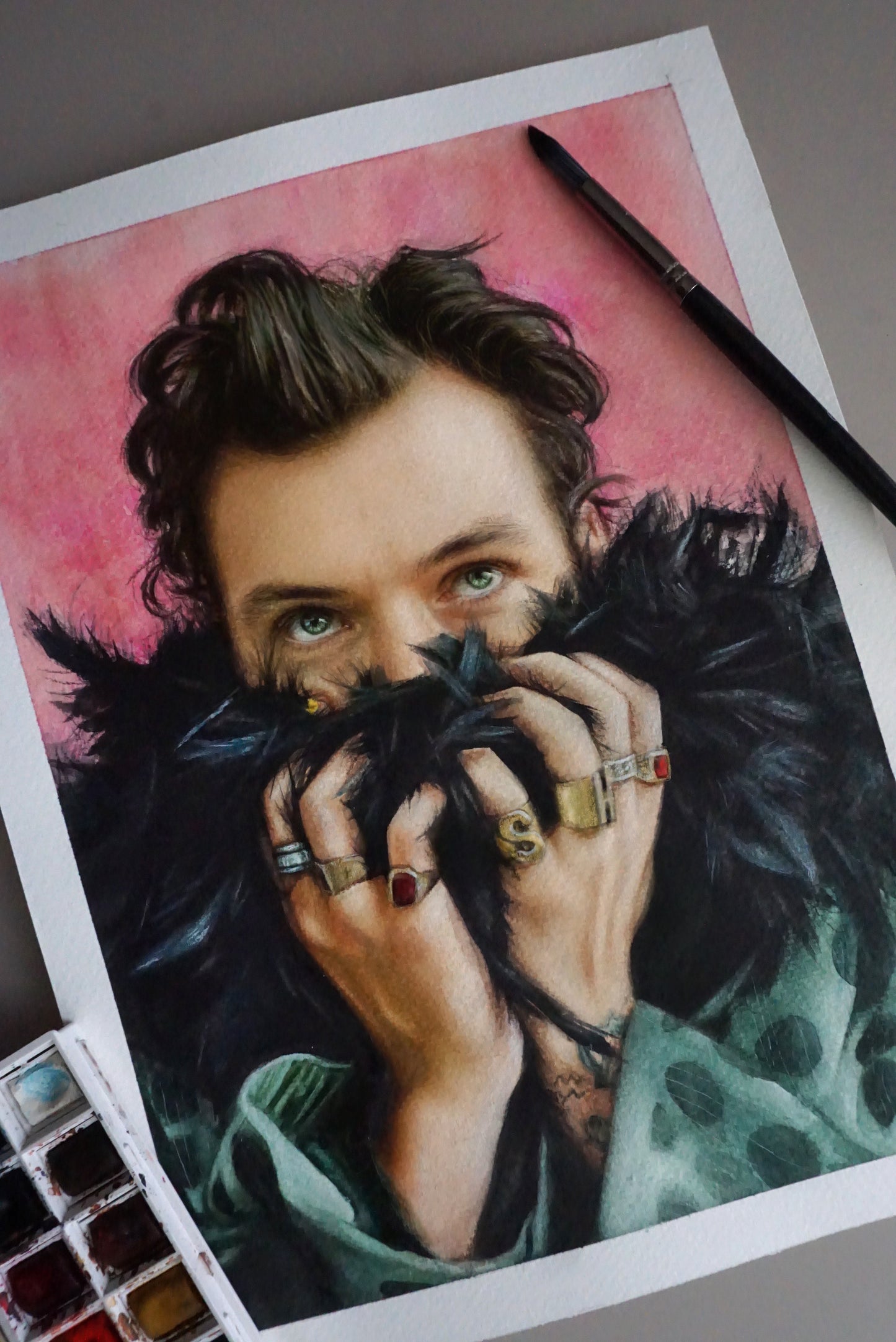 "Black boa" Harry Styles Watercolor painting